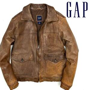 GAP ギャップ 羊革 ラムレザー エイジング加工 タイトシルエット レザー ジャケット(S)ブラウン メンズ ブルゾン