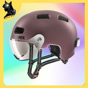 ☆未使用☆ UVEX ウベックス 自転車ヘルメット バイザー付き ブラックベリーマット LEDライト ドイツ製 街乗 rush visor