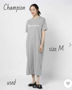 Champion ワンピース M チャンピオン レディース 半袖 ロング丈 マキシ丈 フロッキーロゴ グレー 女性用 Tシャツワンピ 灰色【used】