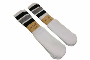 JB即決 ANVIL アンビル US COTTON TUBE SOCKS チューブソックス ラインソックス ２P 白x黒x灰 ホワイト/ブラック/グレー 2足組 新品 USA