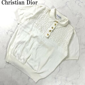 LA3258 クリスチャンディオール 半袖透かし編みリブニット Christian Dior カジュアル ハーフボタン コットン100％アイボリーL