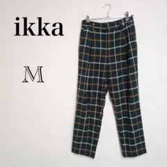 ikka スラックスパンツ 深緑チェック ウエストゴム Ｍ ゆるパン 脚長細見え