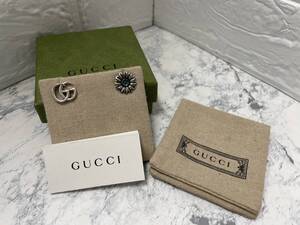 GUCCI グッチ SV925 ピアス ダブルG フラワー スタッズ アシンメトリー イタリア製 銀 両耳用 花 水色 保存袋 箱付き USED