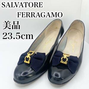 【美品】SALVATORE FERRAGAMO サルバトーレ　フェラガモ　６C　パンプス レディース 深緑 バラ　イタリア製