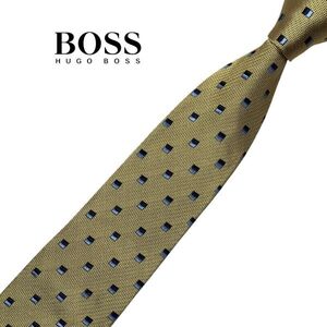 ★美品★細め★パターン柄★HUGO BOSS★高級ネクタイ イエローゴールド系 ヒューゴボス シルク USED プレス済み ネコポス可 t1116