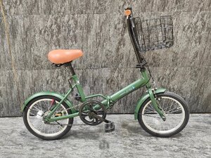 【1スタアウトレット品】折り畳めるメッシュカゴ＆ワイヤー錠付属16インチ折り畳み自転車　シングルギア　モスグリーン【SK96670】