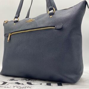 ◎極美品◎COACH『定価12万円』コーチ トートバッグ ビジネス メンズ A4可 ショルダー 肩掛け 金ロゴ 本革 レザー ネイビー 通勤 書類 鞄