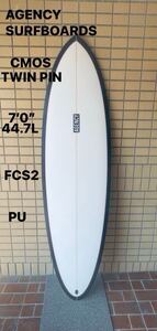 新品！未使用！バイロンベイ発　オリジナルブランド AGENCY SURFBOARDS CMOS TWIN PIN PU 7’0” 44.7L FCS2 クリアx ブラック