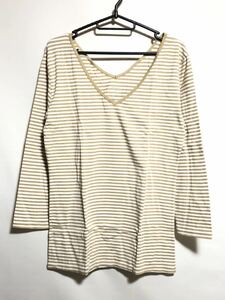 Hotcott ホットコット Vネック 九分袖 Ｔシャツ【LL】ボーダー 大きいサイズ ベージュ 綿混 あったかインナー カットソー 送料込み