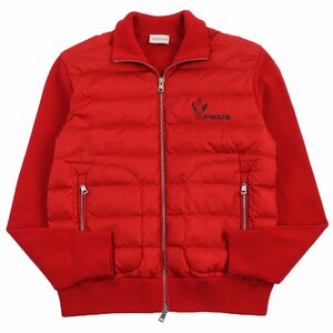 極美品●MONCLER モンクレール 2019年製 MAGLIONE TRICOT CARDIGAN ニット切替 ロゴプリント ダウンジャケット レッド M 正規品 メンズ