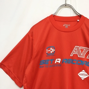 人気A77★ASICS/アシックス 半袖Tシャツ オレンジ プリント サイズＭ メンズ