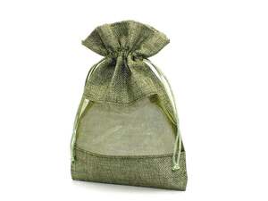 巾着袋 ラッピング 包装 巾着ポーチ 小物入れ (15cm×22cm) 麻布×オーガンジー (緑) (1個)