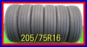 ■中古タイヤ■　205/75R16 113/111N LT DUNLOP SPLT50M トラック等 6本セット 夏タイヤ オンロード 激安 中古　送料無料 B952