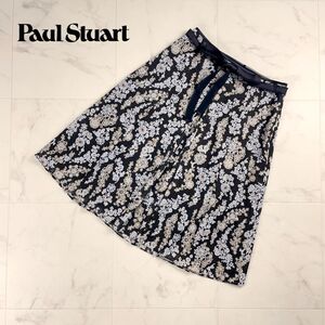 美品 Paul Stuart ポール・スチュアート 総柄フレアスカート 花柄 ウエストリボン サイドジップ 膝丈 裏地あり 黒 ブラック サイズ4*PC1216