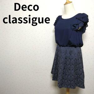 Deco classigue 肩フリル ネイビーカラー 花柄スカート ひざ丈ワンピース 膝丈 フラワー柄 レディースファッション