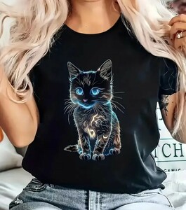 ★レディース 光る猫プリント ルーズフィット Tシャツ かわいいカジュアル 　M