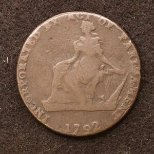 イギリス18世紀地方トークン アイルランド 1/2ペニー銅貨（1792）[E4121]コイン