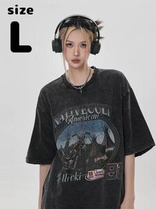 【L】ヴィンテージ加工 バンド Tシャツ カーキ 地底人オンライン 半袖 ストリート ブラック カジュアル 男女兼用 メンズ