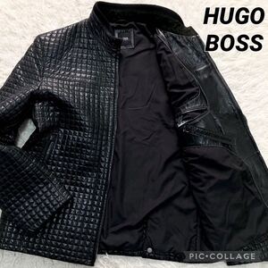 未使用級 XXL ヒューゴボス HUGO BOSS ライダース ジャケット キルティング ブルゾン ラムレザー 羊革 黒 ブラック メンズ 52