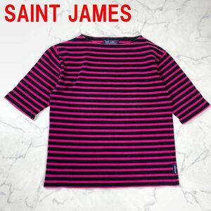 A2844 セントジェームス 半袖Tシャツ 綿 ボーダー SAINT JAMES コットン ブラック ボートネック 五分袖 黒 ピンク M相当