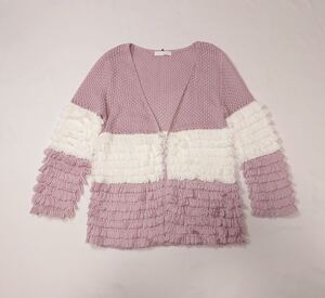 (未使用 レディース) CECIL McBEE // 長袖 ブークレ切替 ニット 羽織り カーディガン (ライトピンク系×オフホワイト系) サイズ M