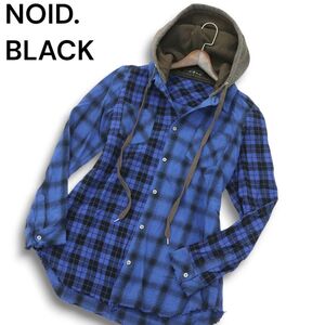 NOID. BLACK ノーアイディー 秋冬 異素材★ 長袖 フーディー パーカー クレイジーチェック切替 ネル シャツ Sz.1　メンズ 青　A4T10017_9#B