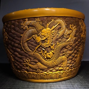 古代・ 珍品 收藏 【帝王色 油 漆器 神龍 門海 聚寶缸 擺件 龍騰四海 天祿神獸 招財祥瑞】 極細工 置物 賞品 中国古美術品 時代物 4.15