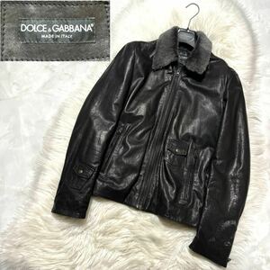 本物 美品 ドルチェ&ガッバーナ ファー付き ラムレザー ブルゾン ジャケット 44 黒 ドルガバ DOLCE&GABBANA