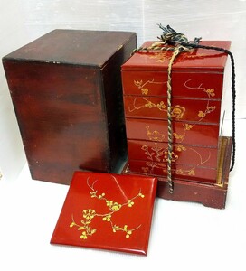 時代物 漆塗り 花見重 重箱 木箱付 旧家蔵出し 漆器 漆芸 蒔絵 箱付 五段重箱 お重 時代漆器 アンティーク コレクション 昭和レトロ 