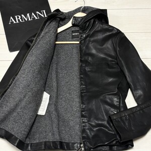 極美品●EMPORIO ARMANI アルマーニ ライダース ジャケット ブルゾン 羊革 パーカー ダブルジップ 切替ステッチ ブラック 黒 メンズ 44