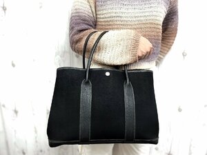 極美品 HERMES エルメス ガーデンパーティ PM トートバッグ ハンドバッグ バッグ トワルオフィシエ×レザー 黒 A4収納可 77978