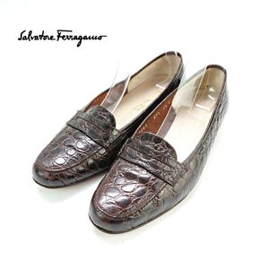 Salvatore Ferragamo サルヴァトーレフェラガモ 6 1/2 22.5-23.0 パンプス ローファー クロコ 型押し イタリア製 ブラウン/XC101