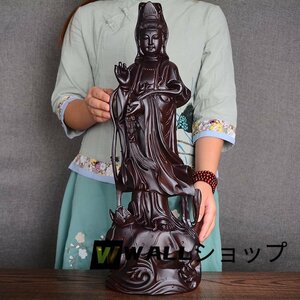 仏教美術 細密彫刻 木彫り　黒檀木 観音菩薩立像　仏像　工芸品 高さ30cm