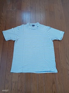 【中古品】PEARLY GATES モックネック　半袖Ｔシャツ　ブルーホワイトボーダー　ネックにロゴマーク刺繍あり　メンズ　サイズ　5　L