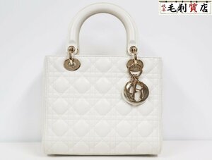 クリスチャンディオール Lady Dior バッグ ミディアム M0565ONGE カナージュ ラムスキン ホワイト 美品 バッグ 2WAYバッグ