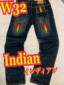 Indianインディアン　デニムパンツ　ジーンズ　ダメージ加工　インディゴ　W32