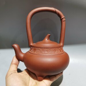 ◆古寳堂◆明代 紫砂壺 提梁壺 周桂珍 紅泥 茶具 茶道品 極細工 古置物 古擺件 中国古美術 時代物 古董品