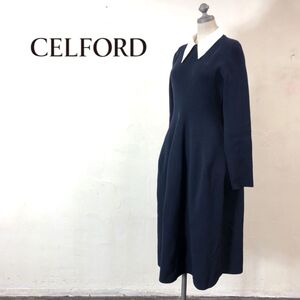 1D1863-F◆ celford セルフォード ニットワンピース 付け襟 長袖 ◆ size38 ポリエステル ネイビー 古着 レディース 秋冬