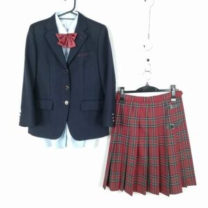 1円 ブレザー チェックスカート リボン 上下4点セット 150A カンコー 冬物 女子 学生服 京都立命館中学高校 紺 制服 中古 ランクC EY0933