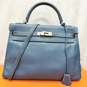 1円〜美品 HERMES エルメス　ケリー32　トゴ　ブルージーン　シルバー金具　□F刻印　2002年　ハンドバック