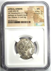 　古代ギリシャ　テトラドラクマ　フクロウ銀貨　NGC 　打刻パーフェクト　MS　5/5 3/5 鑑定品 7810-015 22/8