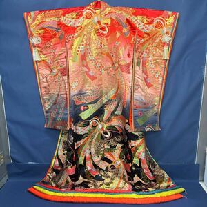 色打掛 着物 花嫁衣裳 梅と束ね熨斗 身丈約192cm 打掛 婚礼 高級 和装 豪華 衣装 挙式 前撮り ブライダル 結婚式 -240711⑥