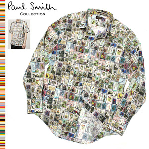 未使用に近い！Mサイズ Paul Smith COLLECTION トラベリング スタンプ 切手プリント 長袖シャツ■総柄シャツ ポールスミス コレクション