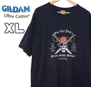 GILDAN ギルダン グッドプリントTシャツ スカル ガイコツ 骸骨 海賊 Tシャツ ブラック 黒 古着 XL