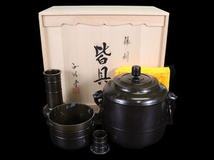 【江】正晴堂造 鋳銅 皆具 四点一式 共箱 古美術品(水指杓立建水蓋置茶道具)X38