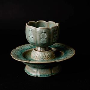 【後】KE003 青磁荷花茶碗セット　古美術 骨董品 古玩 時代物 古道具 中国美術品 朝鮮美術品 日本美術品