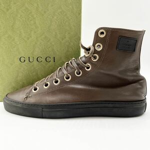 1円 【美品】 GUCCI グッチ 【王者の貫禄】 メンズ スニーカー ハイカット シューズ ブーツ 靴 ロゴプレート 革紐 ブラウン 41 26.0cm相当