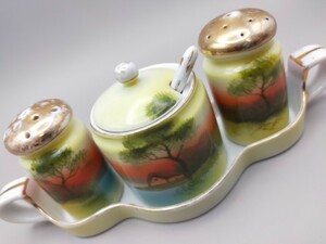 【オールドノリタケ NORITAKE】調味料入れ3点セット・金彩・湖畔、湖、風景手描き　里帰り　ノリタケ　★アンティーク　