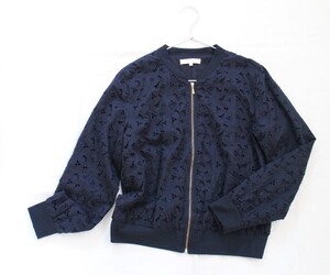 【賢くおしゃれ♪】*grove グローブ*うっとり上品総レース花刺繍ブルゾン大人ジャケット L ネイビー （株）ワールド レディース 千趣会　