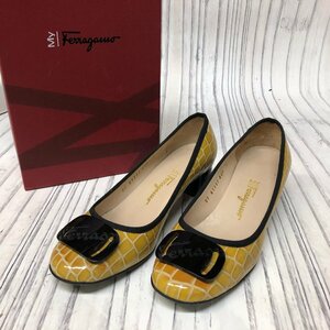 m001 G(80) イタリア製 MY Ferragamo マイ フェラガモ 靴 シューズ パンプス ヒール エナメル レディース6 イエロー×ブラック